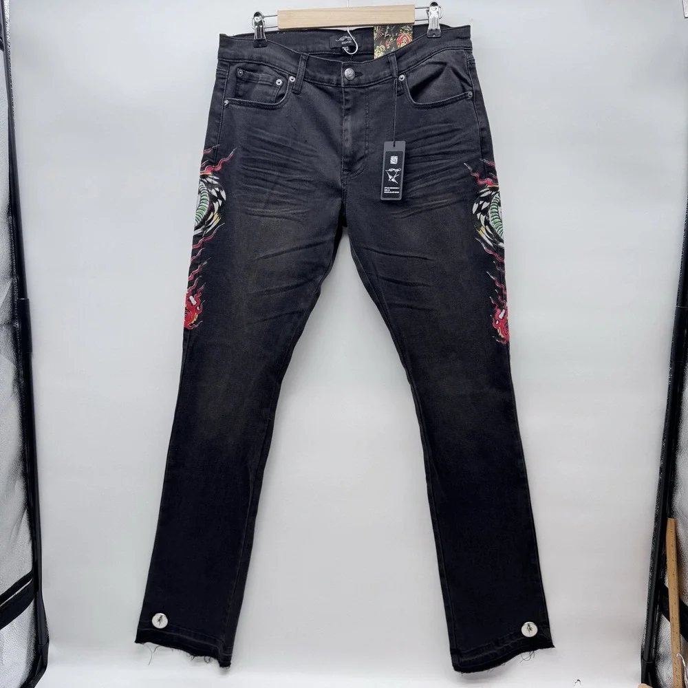 Ed Hardy Men's Bootcut Black Denim Jeans Embroidered Dragon Logo 5-Pocket sz 32
